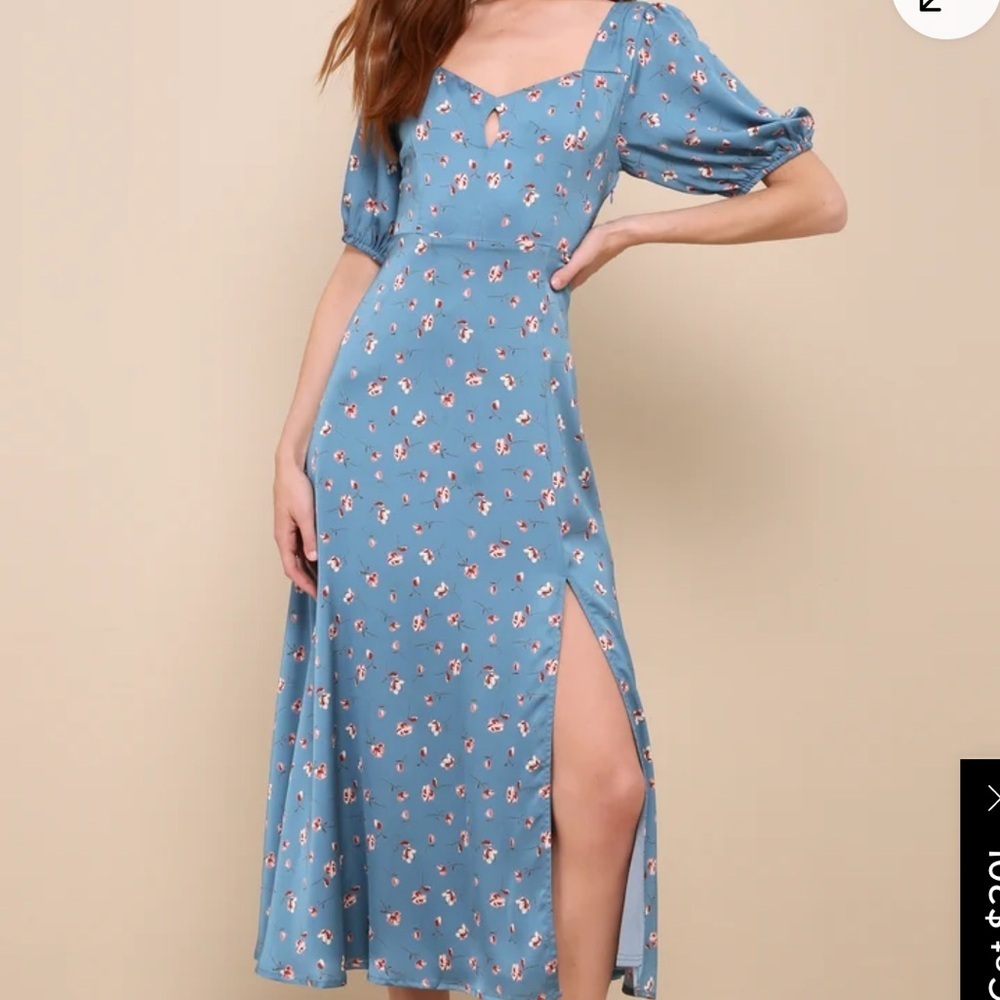 NWT Lulu’s Floral Blue Gorgeous Days Satin Midi Dress size M